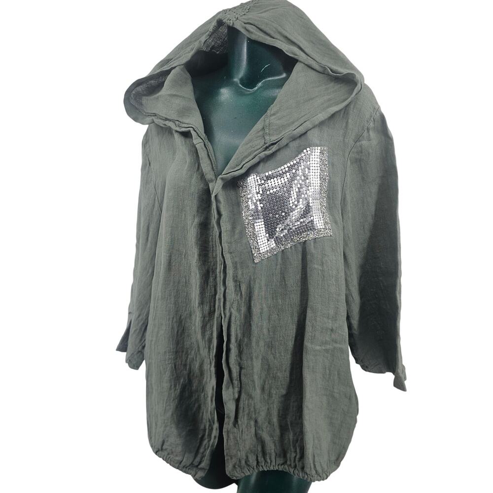 Tempo Paris Olive Green Langelook Boho Fluid Layering Hooded Linen Jacket M / L